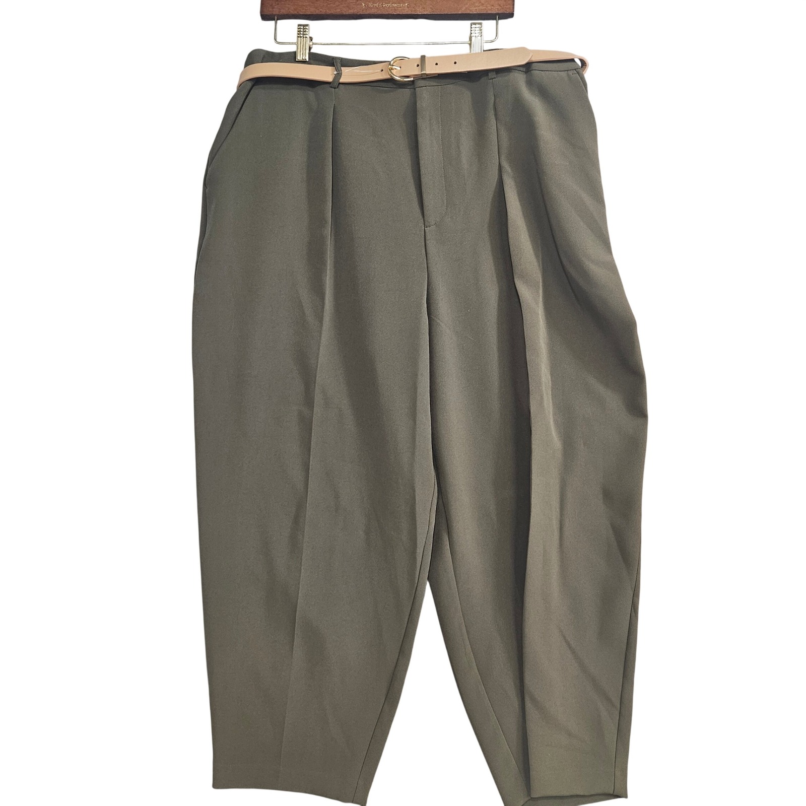 Worthington Olive Green Pleated Trousers High Rise Tapered Pants With Belt 18w